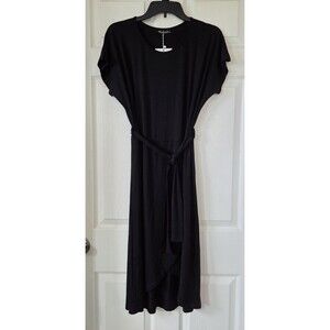 MILAN KISS Women's Black Short Sleeve Faux Wrap Dress Stretch Knit Size M NWT